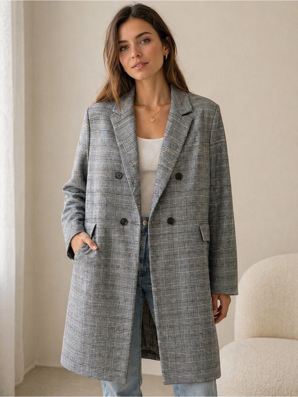 Women’s Grey Plaid Double-Breasted Coat from Nordstrom